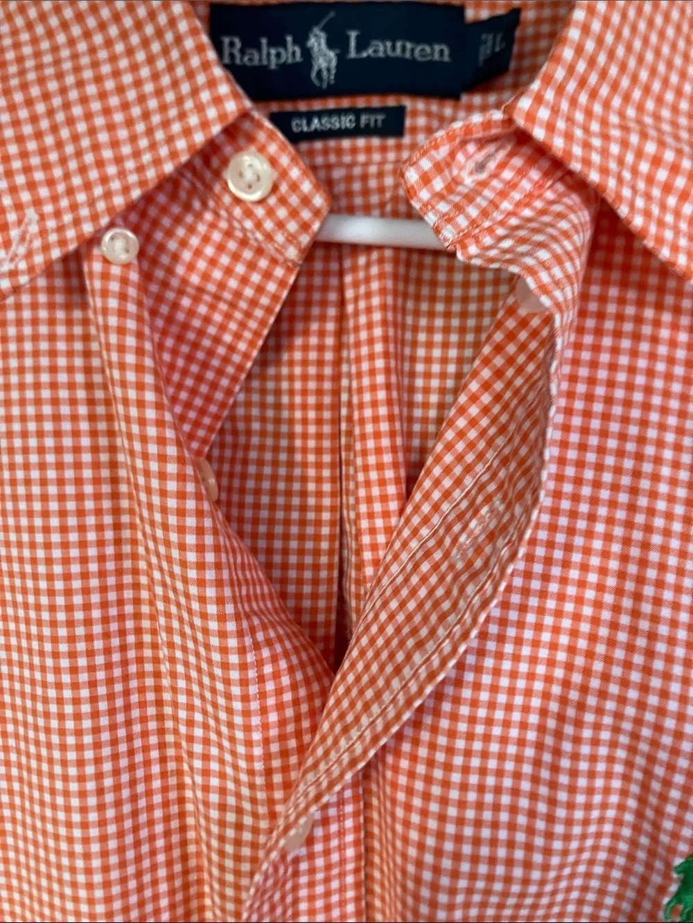 Ralph Lauren Orange Gingham Short-Sleeve Button-Up Shirt with Green Pony